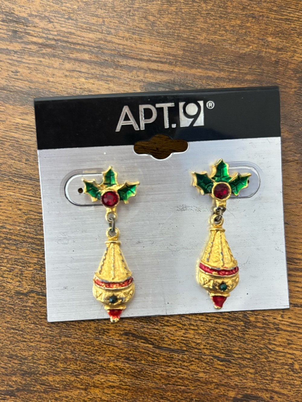 Vintage Apt. 9 Gold-tone Holly Drop Earrings with Green Leaves & Red Stones